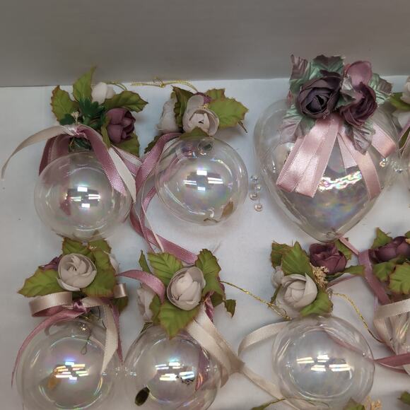 Lot Of 13 Victorian Style Iridescent Clear Glass Ornaments Ball Heart Bell - Picture 4 of 16